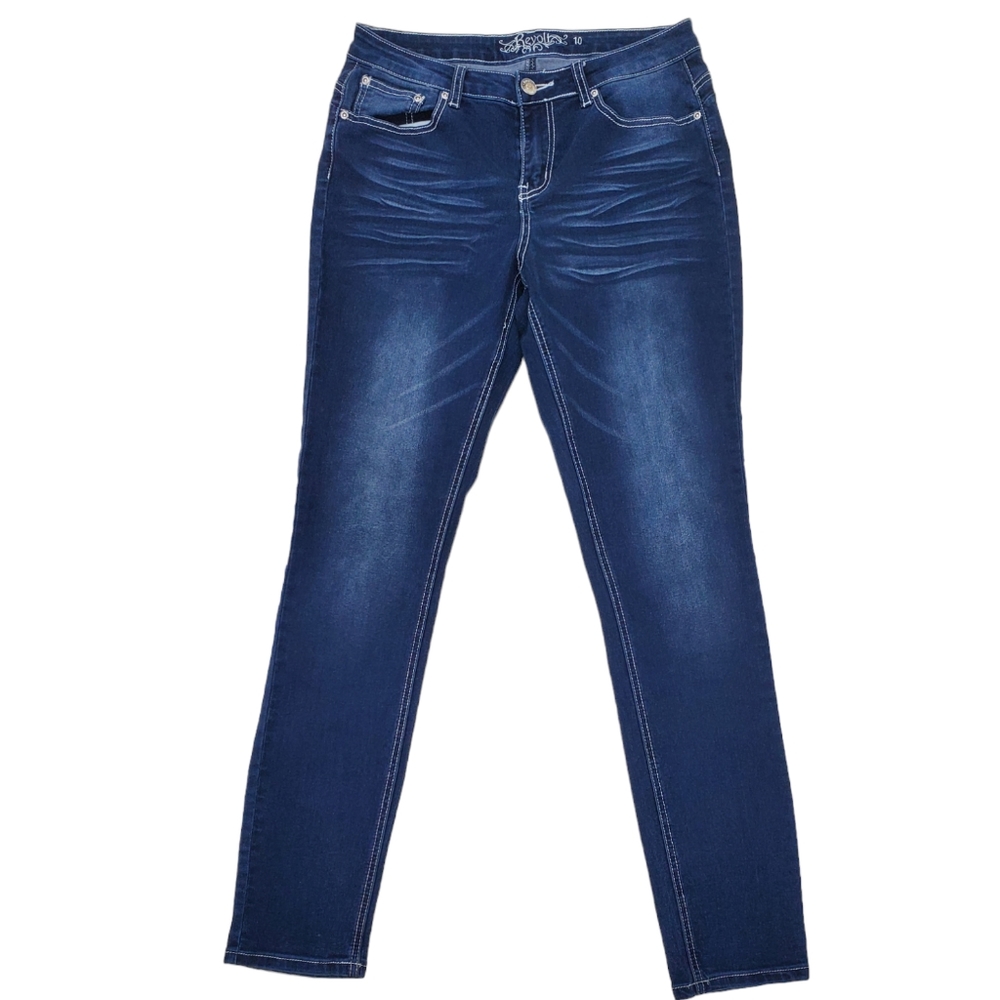 Revolt jeans women's size 10 dark wash faded white stitching skinny mid rise